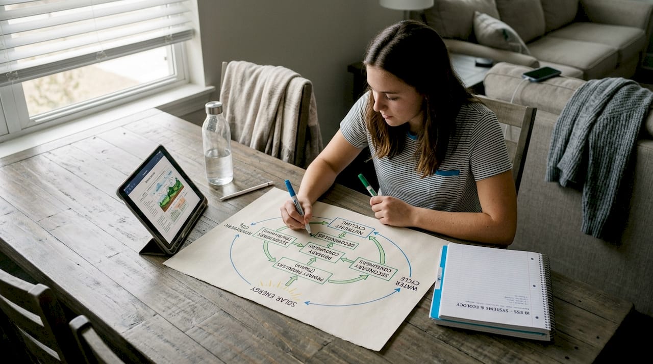 Student sketches environmental system diagram on floor