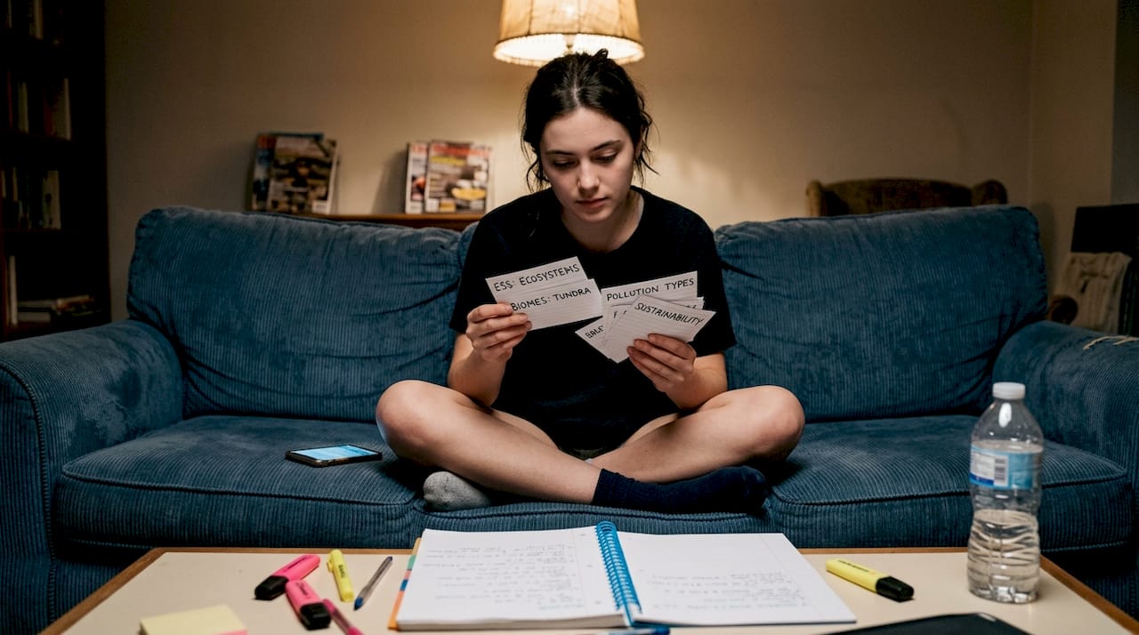 Student uses flashcards for ESS exam recall