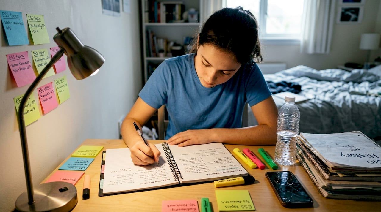 Student creating revision plan at bedroom desk