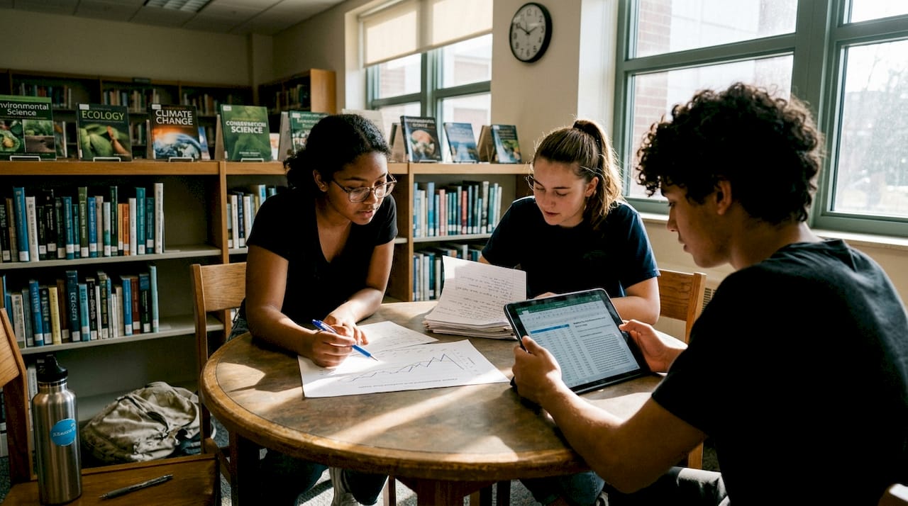 Students collaborating on environmental research in library