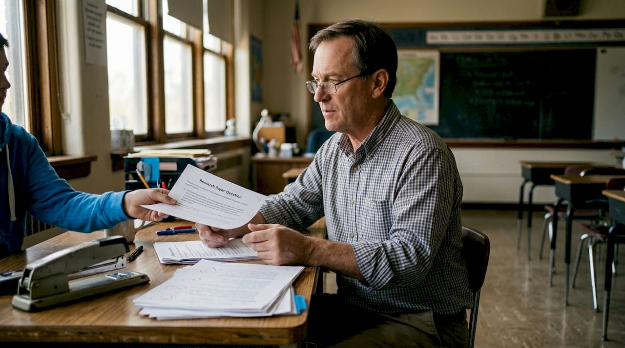 Teacher reviewing student’s research question