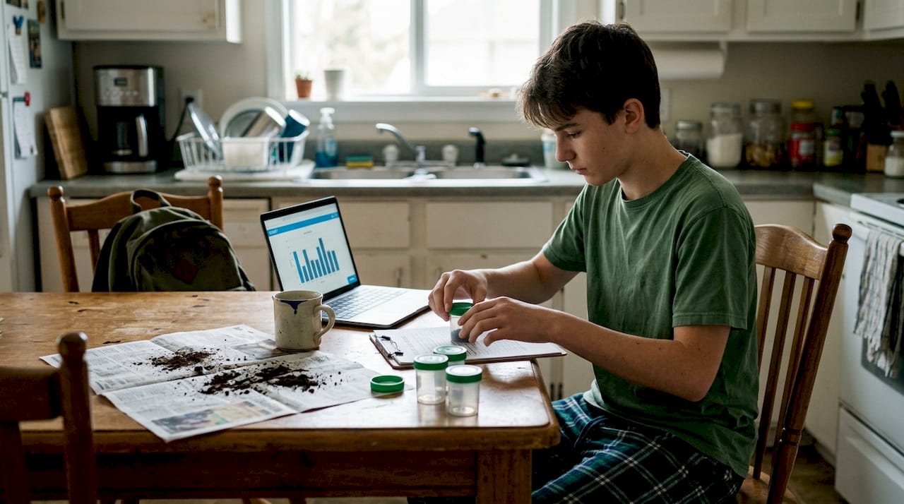 Teen setting up ESS experiment at kitchen table