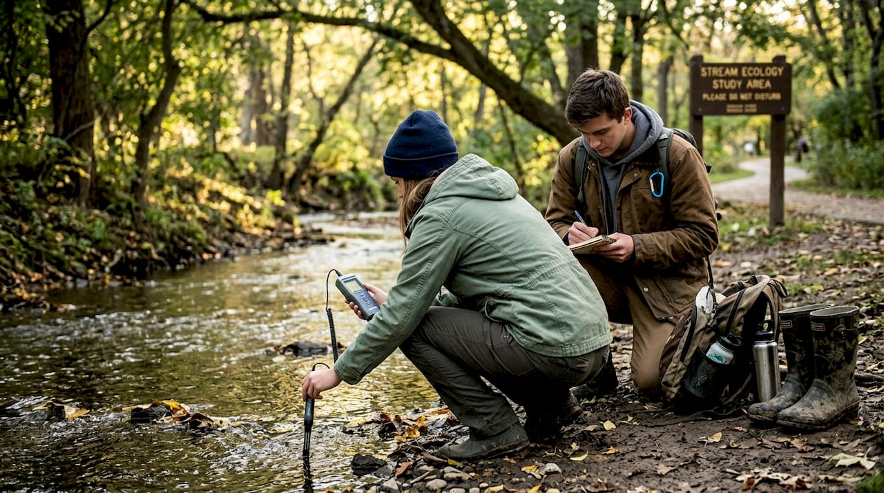 Students measuring stream water in park fieldwork