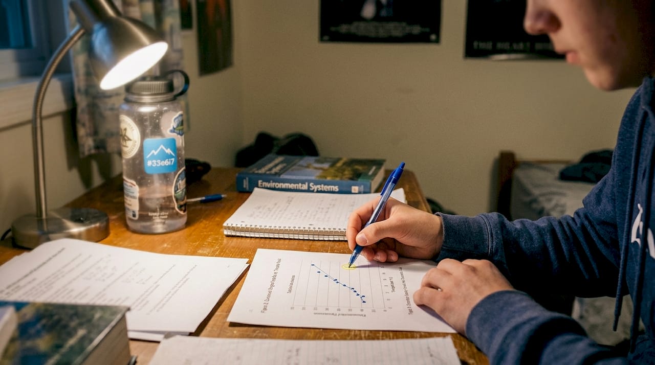 Student annotating data graphs at home desk