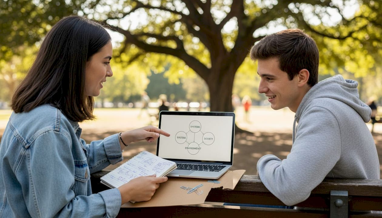 Students discuss interconnected course concepts outdoors