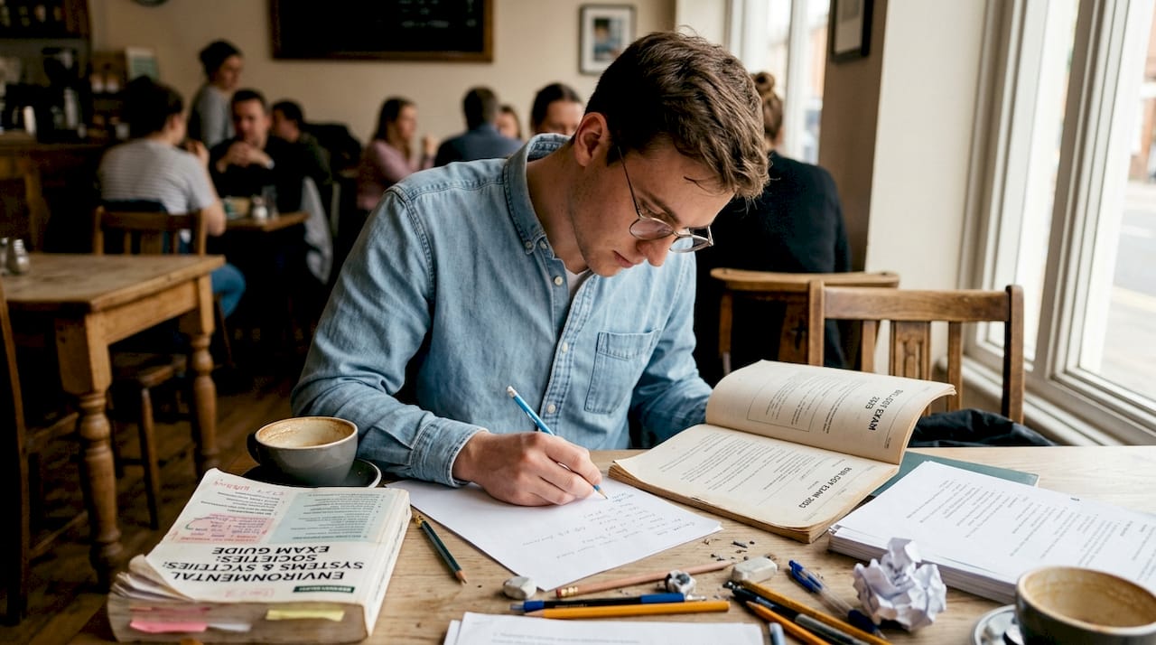 Student analyzing past exam paper in coffee shop