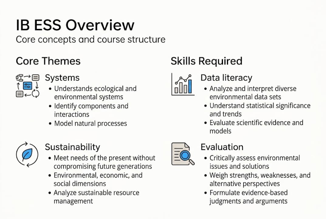 Infographic summarizing IB ESS concepts and skills