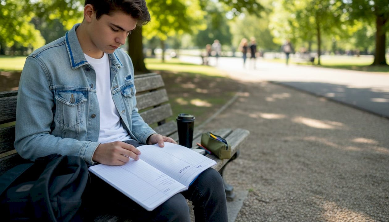 Student comparing perspectives in notebook outdoors