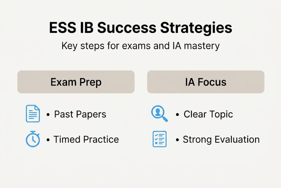 Infographic summarizing ESS IB success strategies