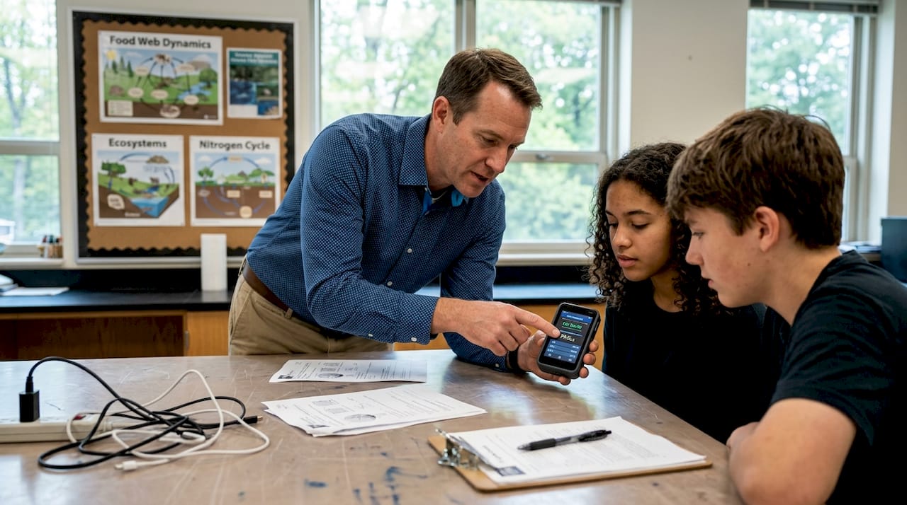 Science teacher and students using air monitor