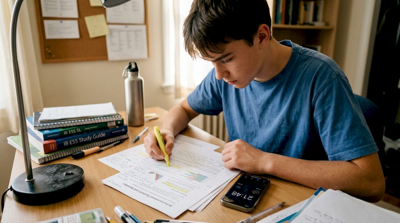 Student preparing for ESS exam at home desk