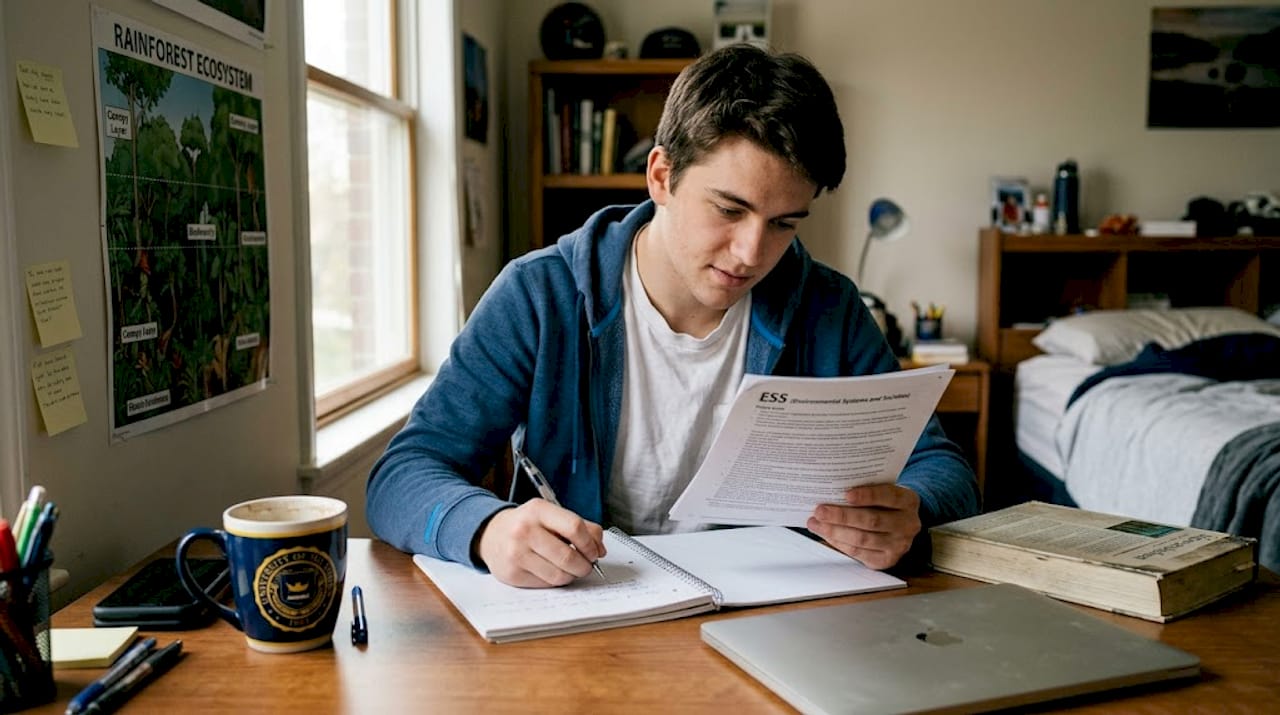 Student studying ESS concepts at desk