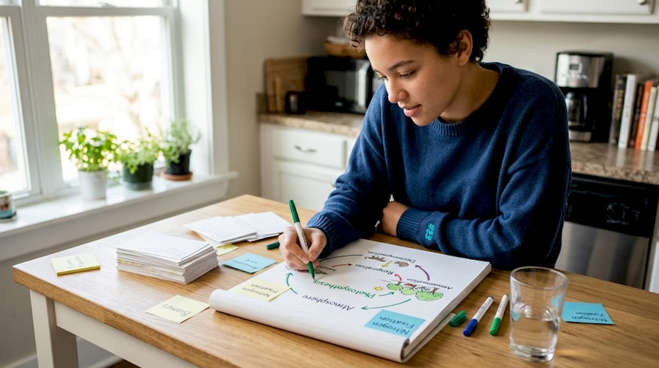 Student drawing environmental cycle diagram on notepad