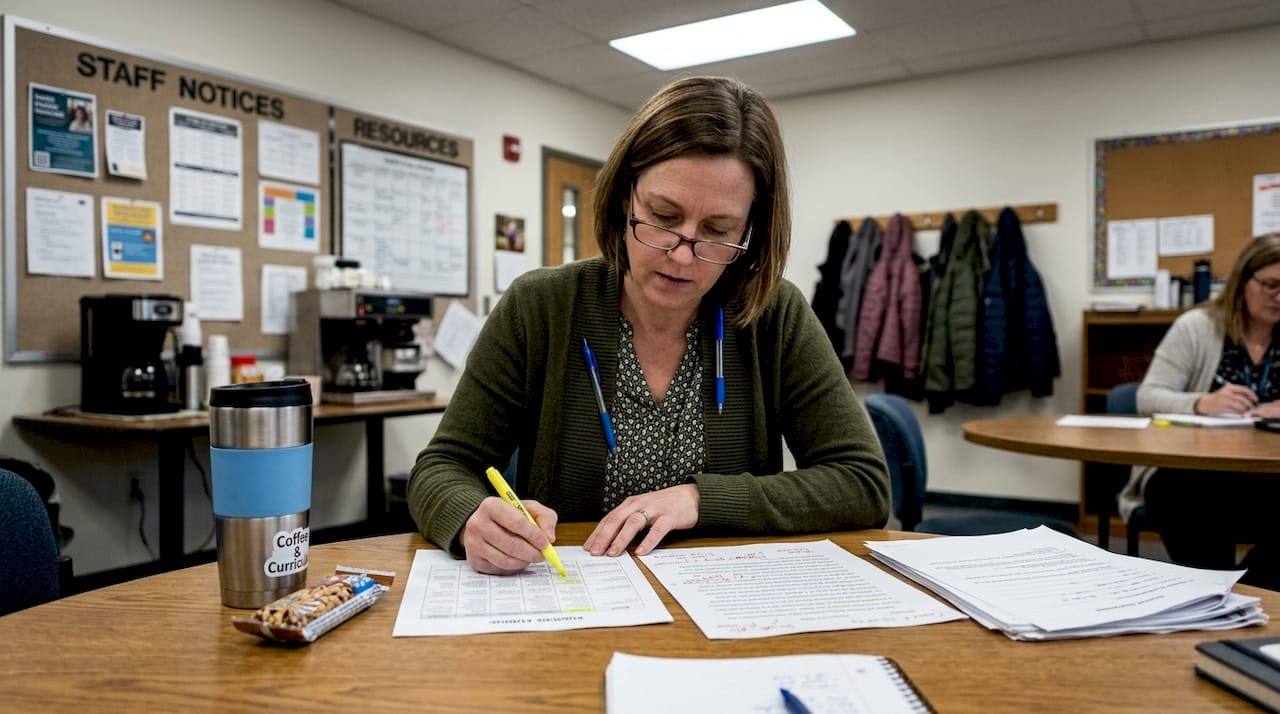Teacher comparing rubric to student paper