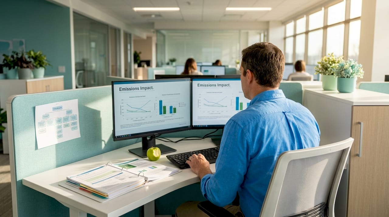 Analyst reviewing emissions policy impact data