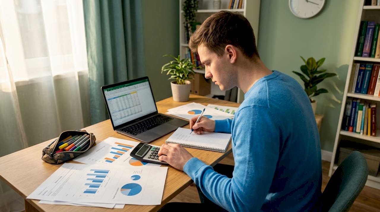 Student analyzing data at home desk with spreadsheets