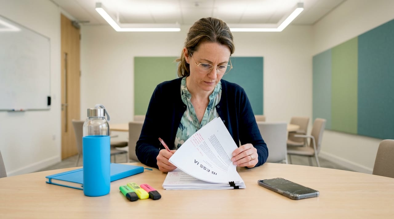 Teacher evaluating ESS ethics project at table