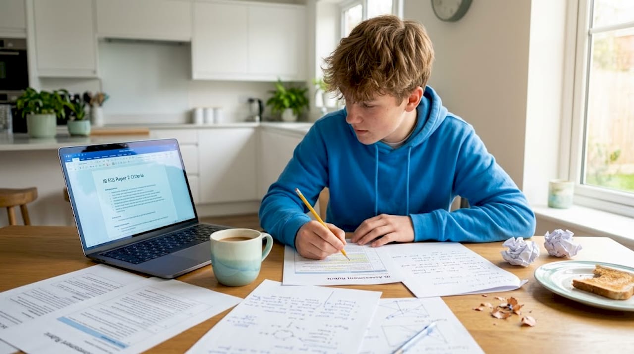 Student reviewing IB essay criteria at table