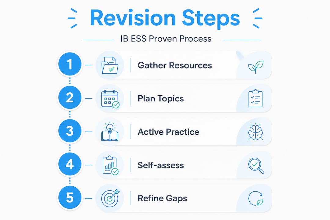 Infographic showing step-by-step IB ESS revision flow