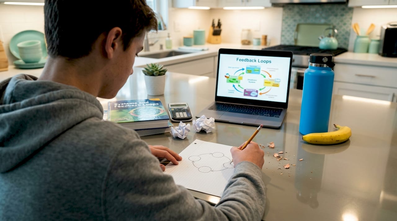 Student drawing ecology feedback loop at kitchen counter