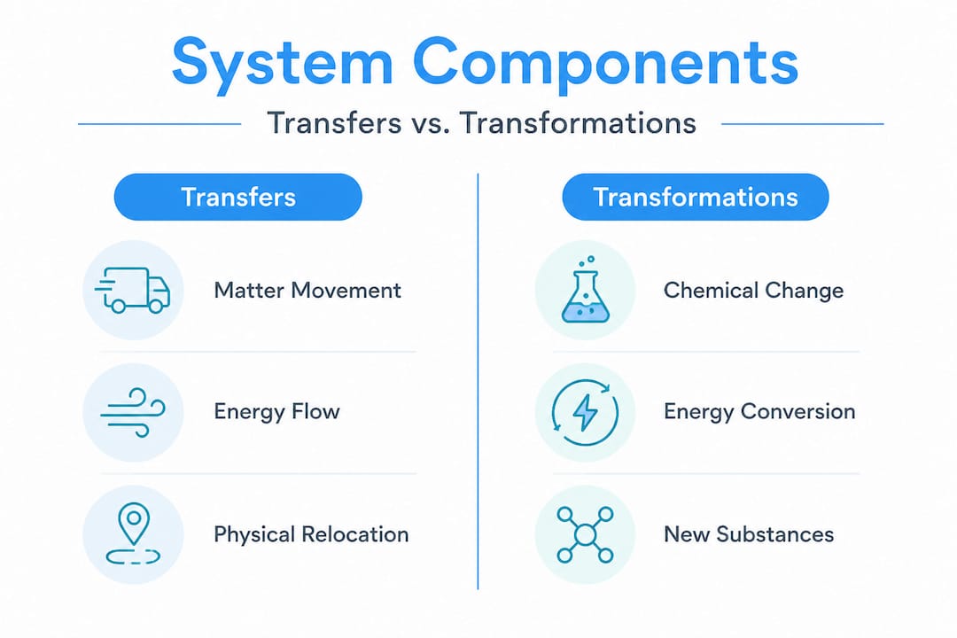 Infographic comparing transfers versus transformations in systems