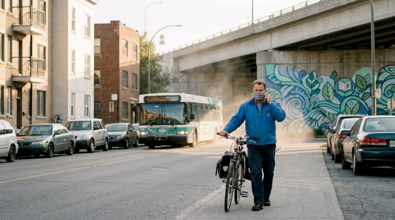 Man with bike in traffic-heavy neighborhood