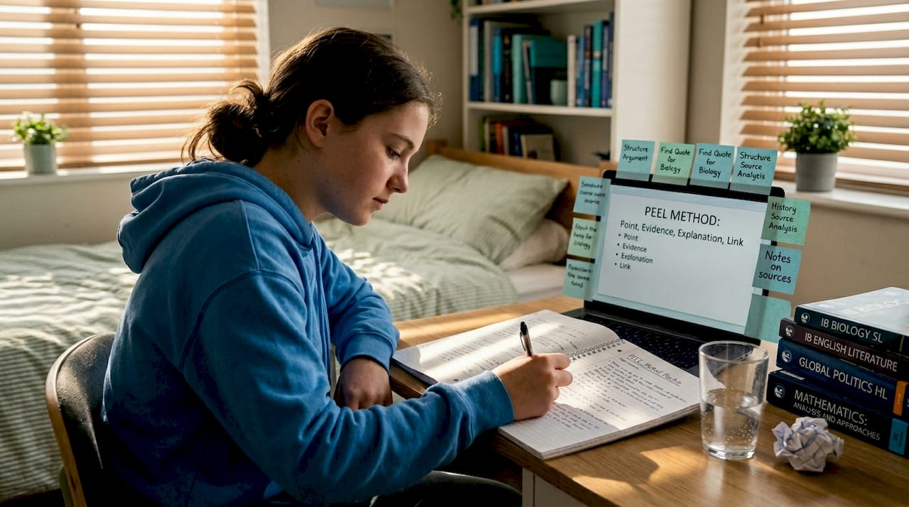 Teenager writing PEEL essay at bedroom desk