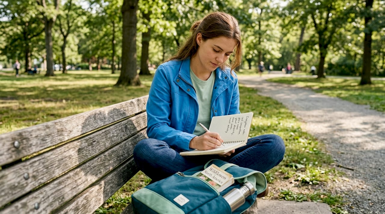 Student taking notes on ecosystems in park