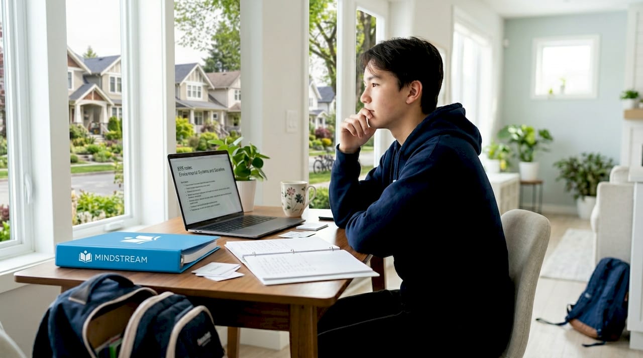 Student reviewing ESS notes at home desk