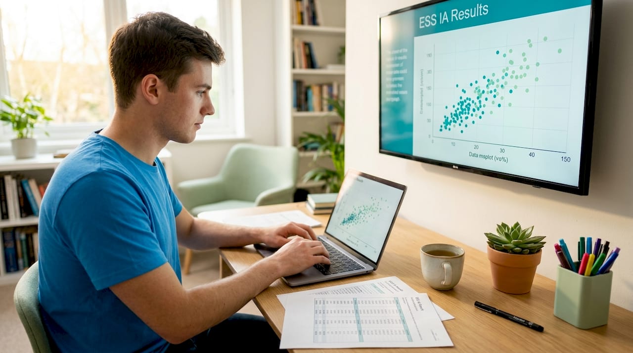 Student analyzing data with laptop and graph