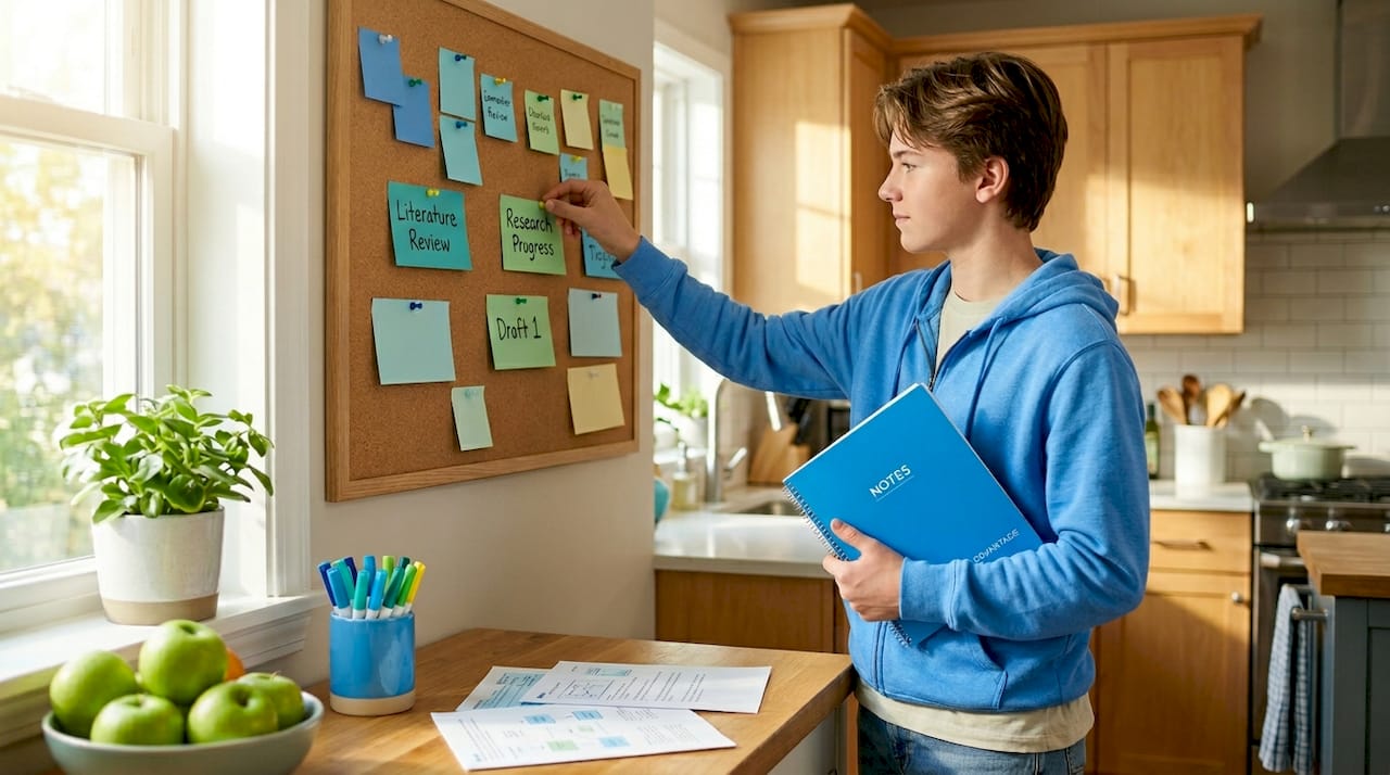 Student arranging sticky note research timeline