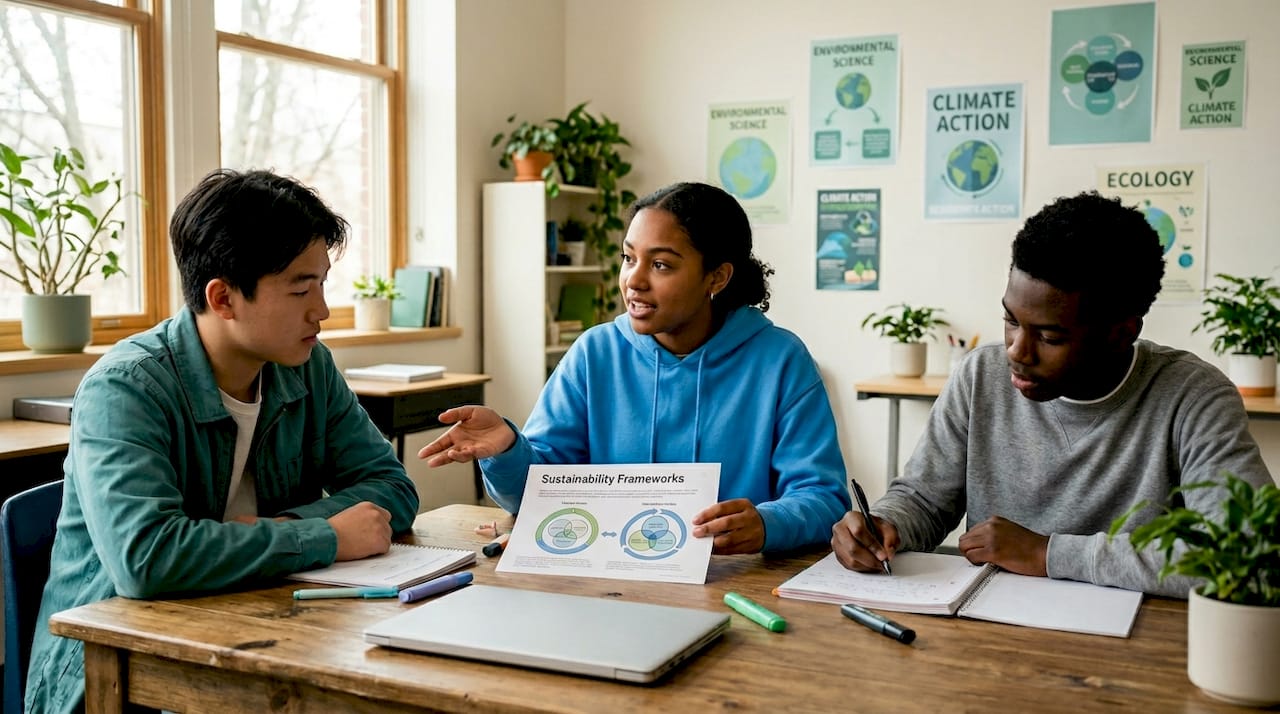 Students discussing sustainability framework at school