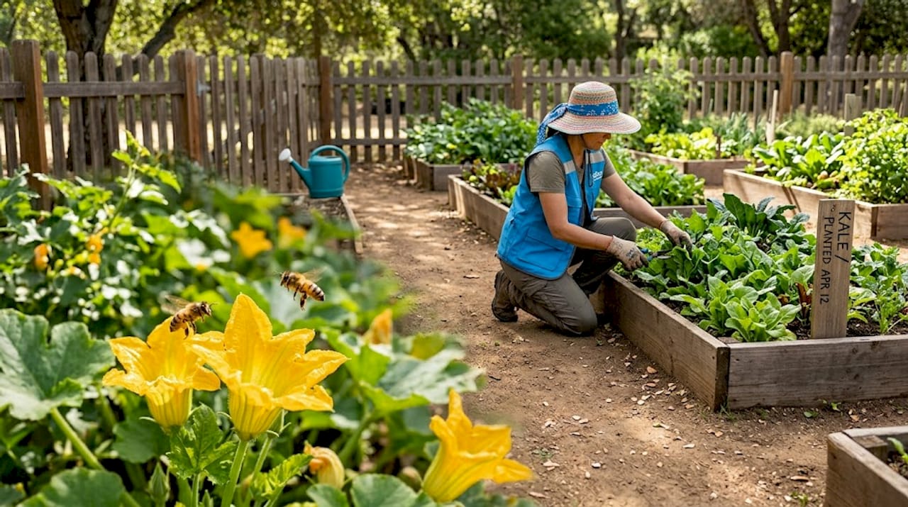 Bees pollinating vegetables in a garden