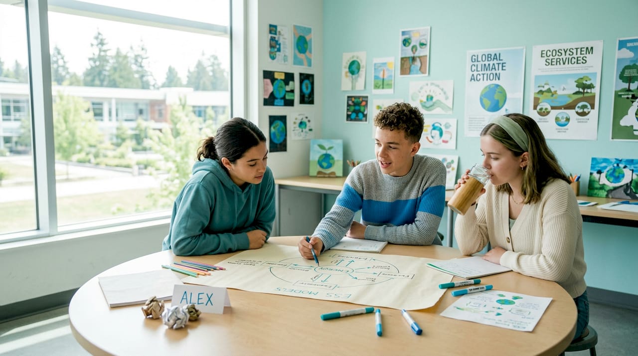 Students reviewing ESS model diagrams in classroom