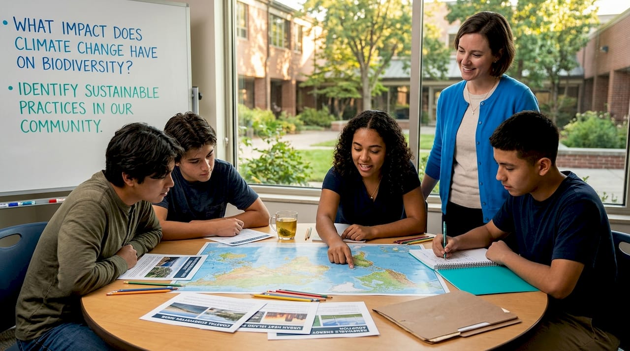 Inquiry-based classroom with world map discussion