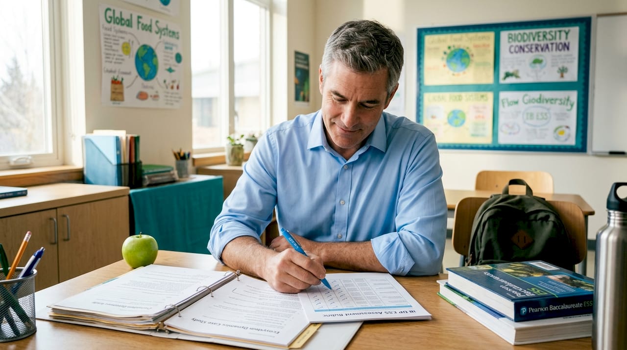 Teacher checking IB rubric at classroom desk
