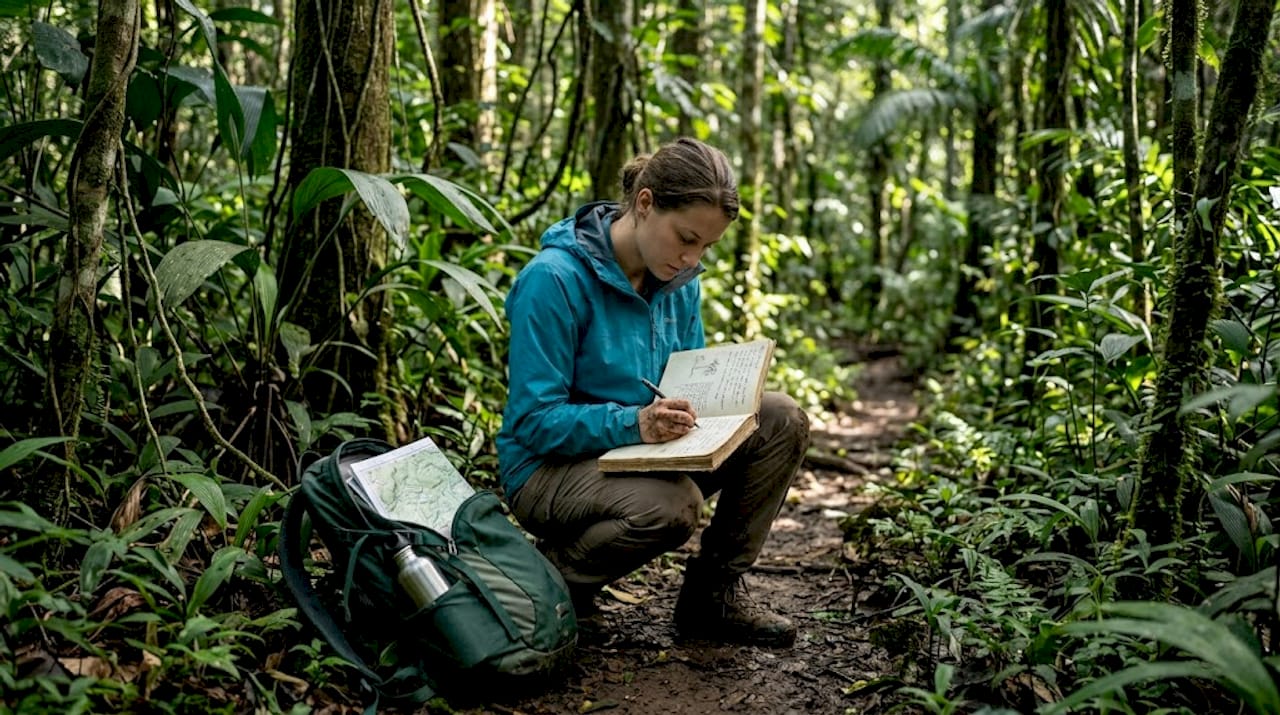 Student recording data in tropical rainforest