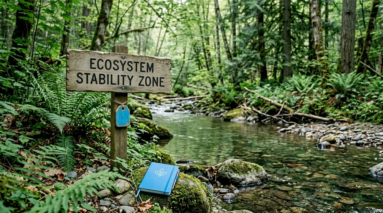 Temperate forest ecosystem with stream and diverse vegetation