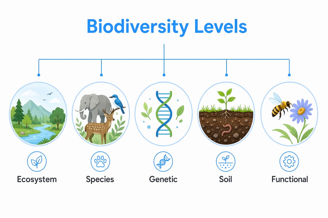 Infographic showing hierarchy of biodiversity levels