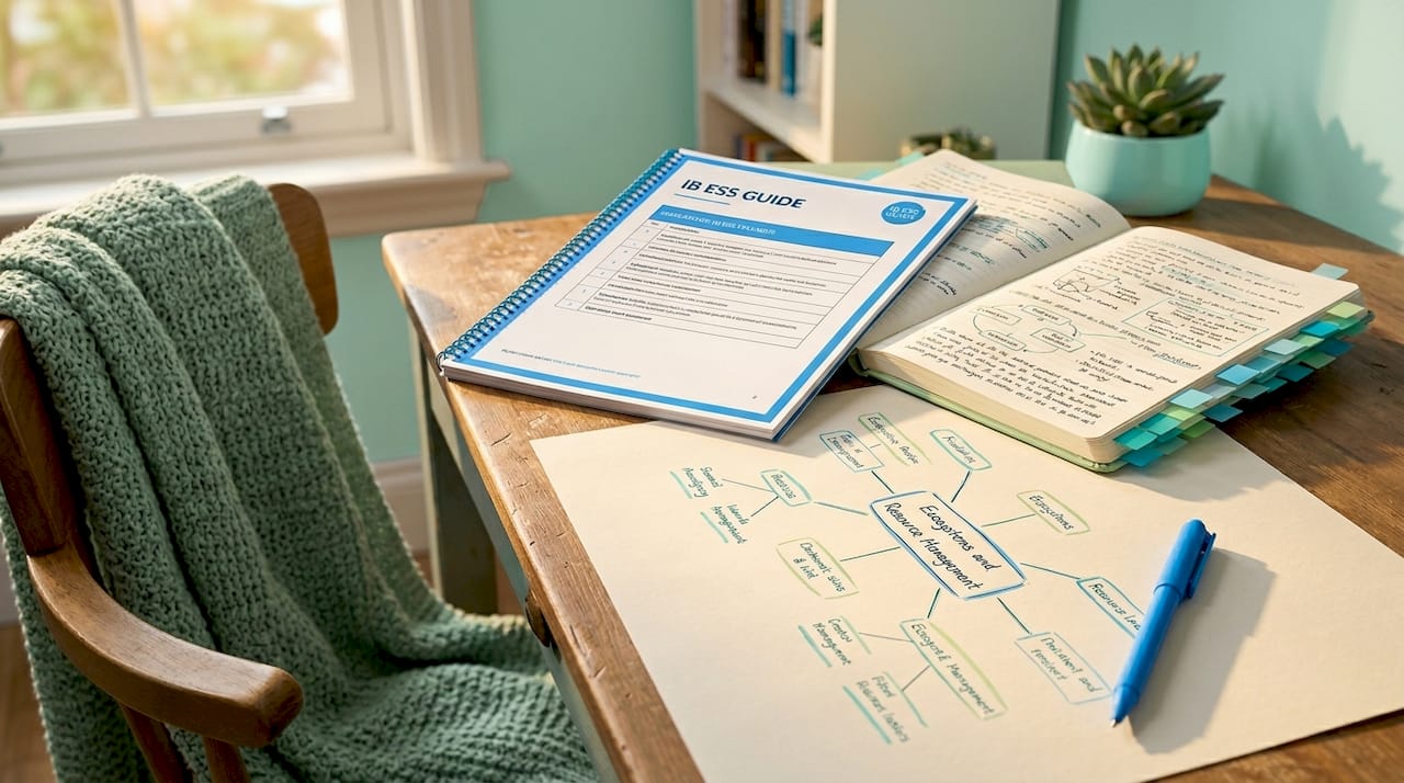 Key IB ESS revision resources on study desk