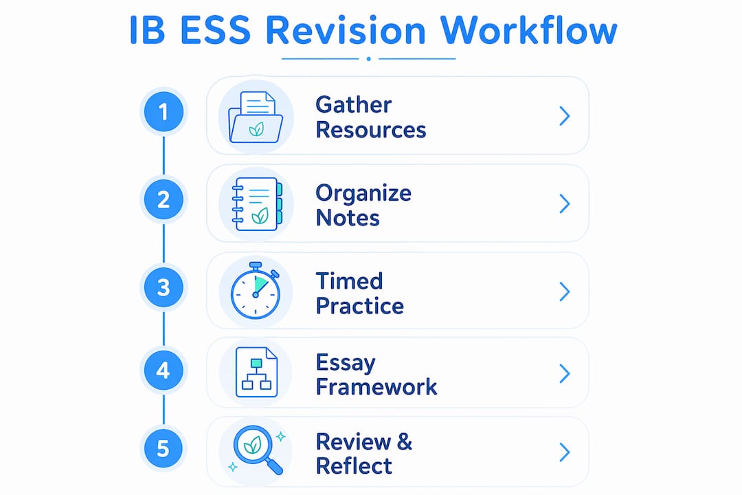 Infographic illustrating IB ESS revision workflow steps
