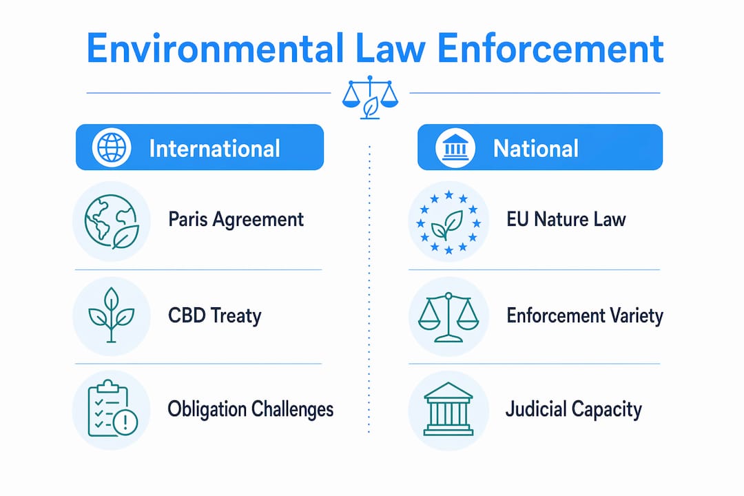 Infographic comparing international and national environmental law enforcement