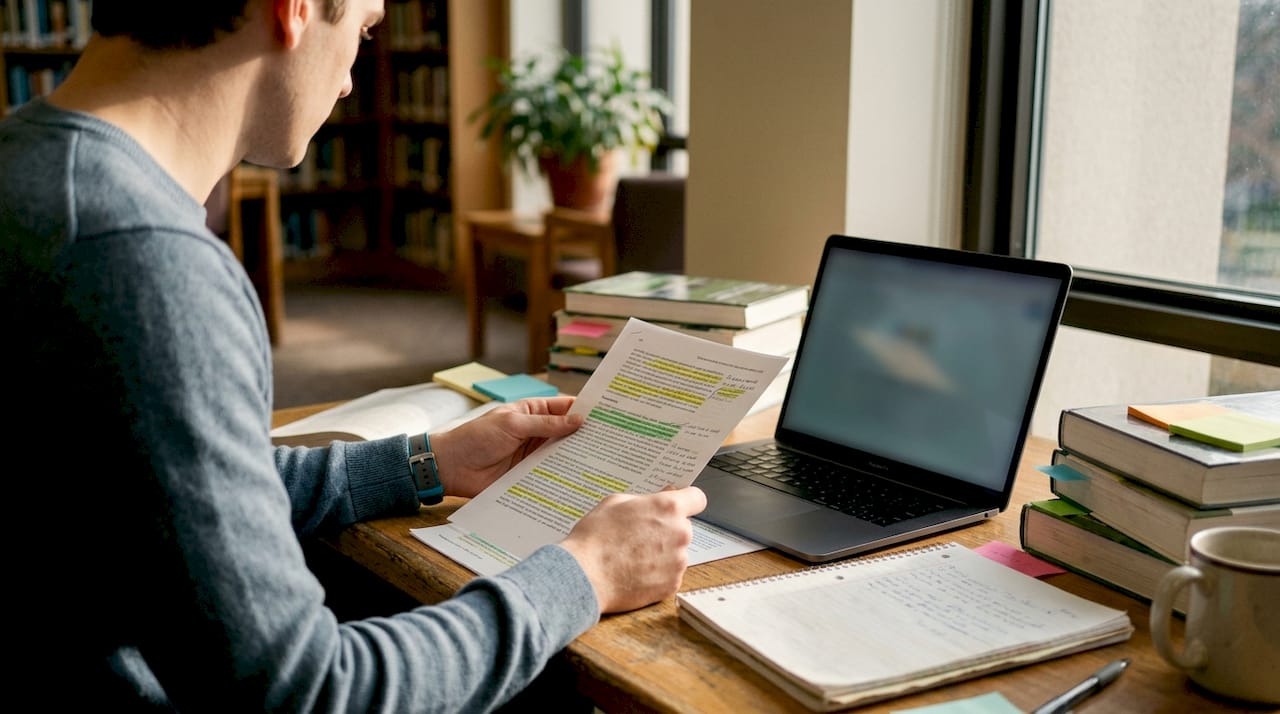 Hands typing on laptop with textbooks nearby
