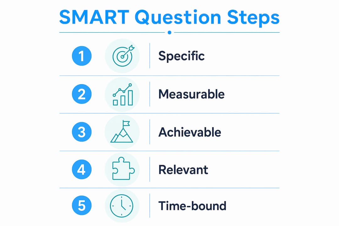 Infographic illustrating SMART research question steps