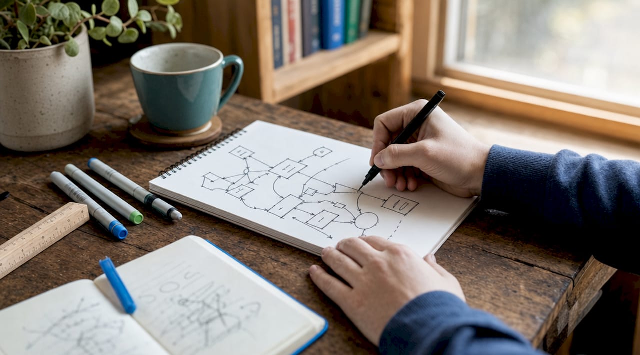 Hands drawing stock-and-flow diagram by hand