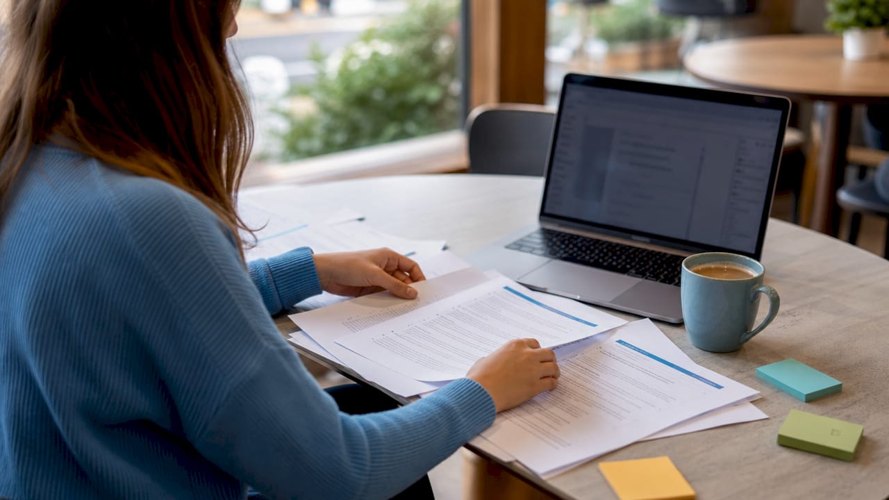 Hands typing on laptop with citation notes