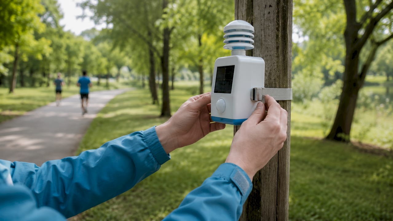 Hands installing air pollution sensor on urban street