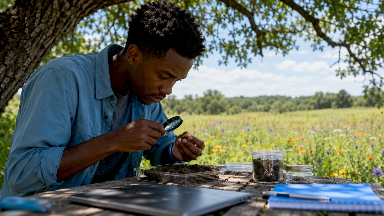 Ecologist analyzing soil samples in cabin