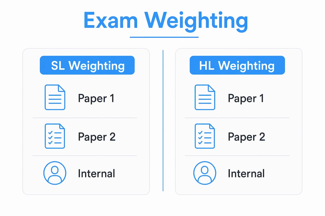 Infographic comparing SL and HL IB ESS exam weightings
