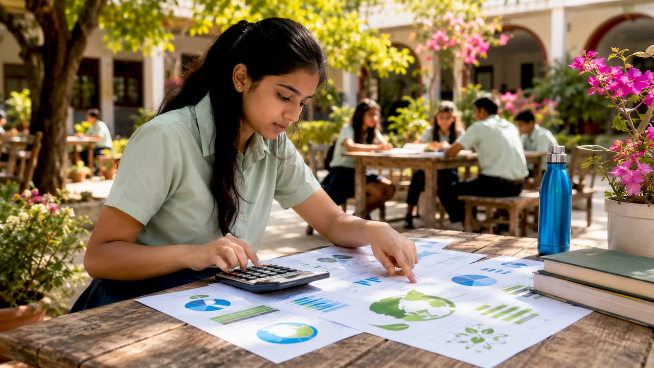 Student analyzing carbon footprint data with calculator